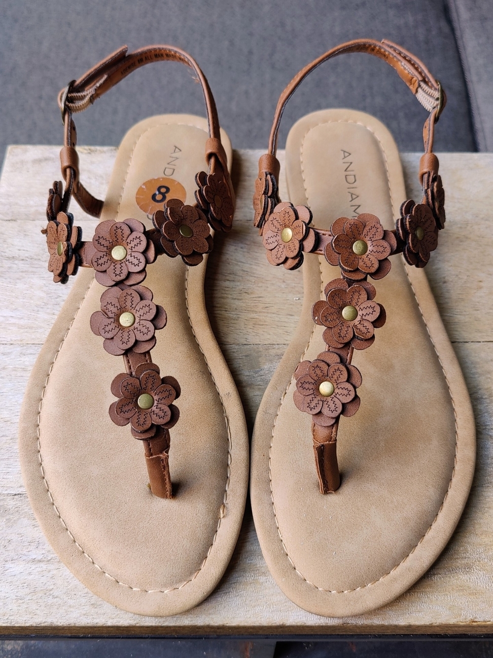 Floral T-Strap Flower Strap Sandals Brown Slingback Flat Thong Brass Studded 8